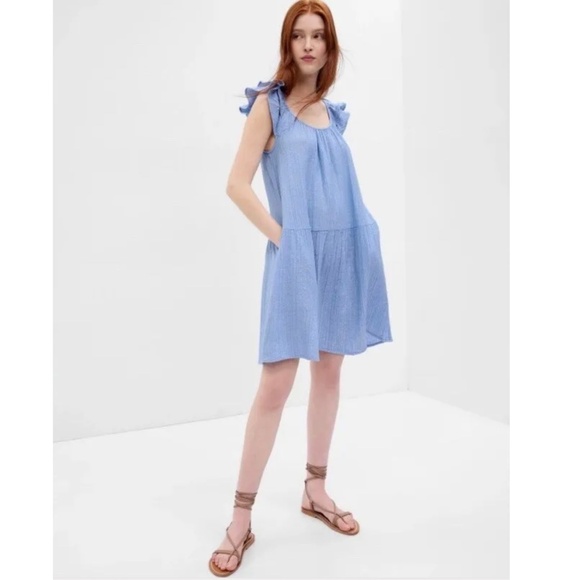 Gap Ruffle Sleeve Blue & Silver Striped Mini Dress - Picture 1 of 7